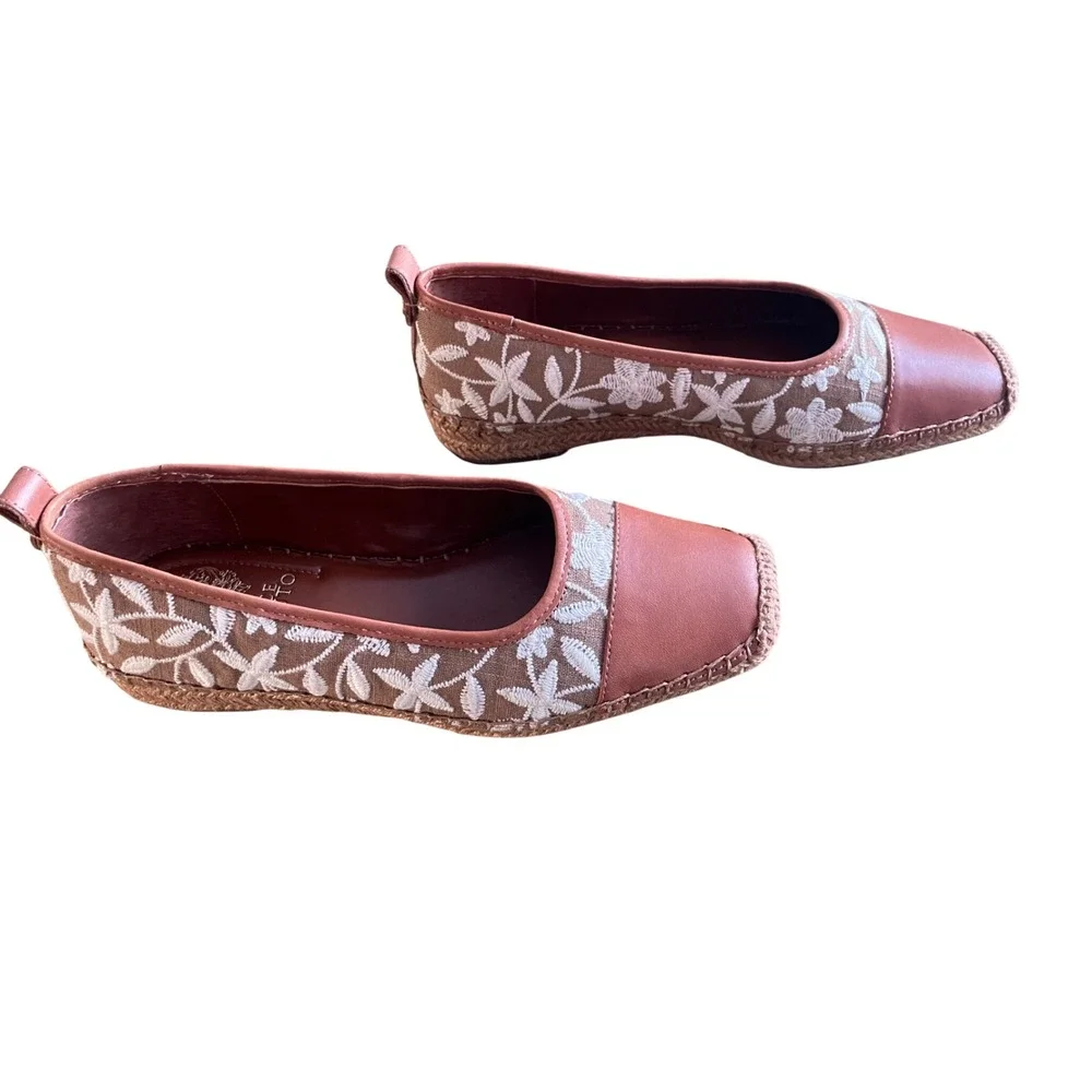 Vince Camuto Women Espadrille Flats‎ Embroidered Floral Square Toe Tan Brown 6.5